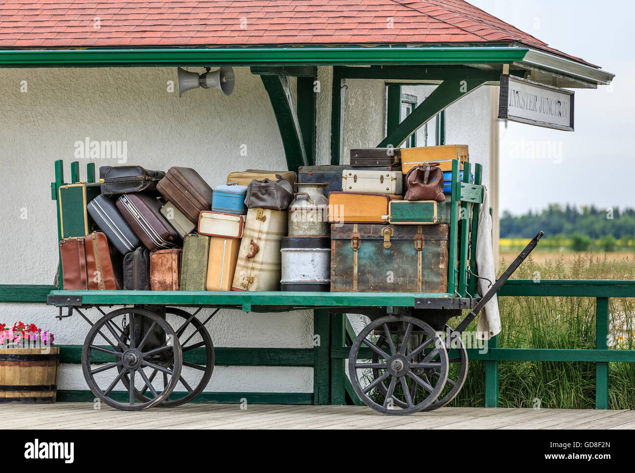 Luggage on a vintage cart, Inkster Junction Station, Prairie Dog Central Railway, Winnipeg, Manitoba, Canada. Stock Photo