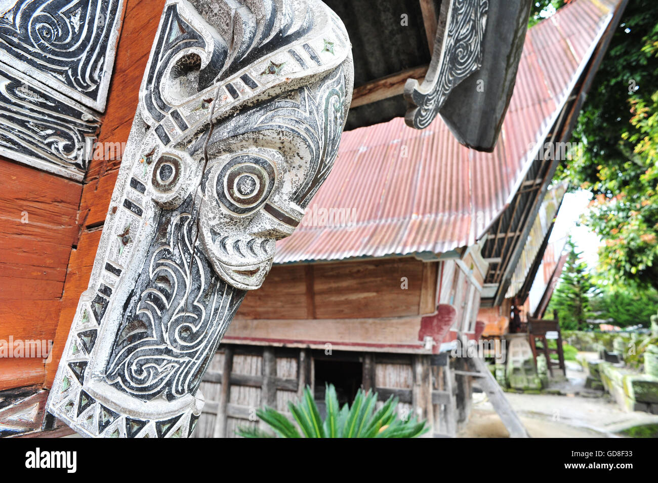 Ethnic Sumatran Batak house ornaments in Toba lake, sumatra, Indonesia Stock Photo