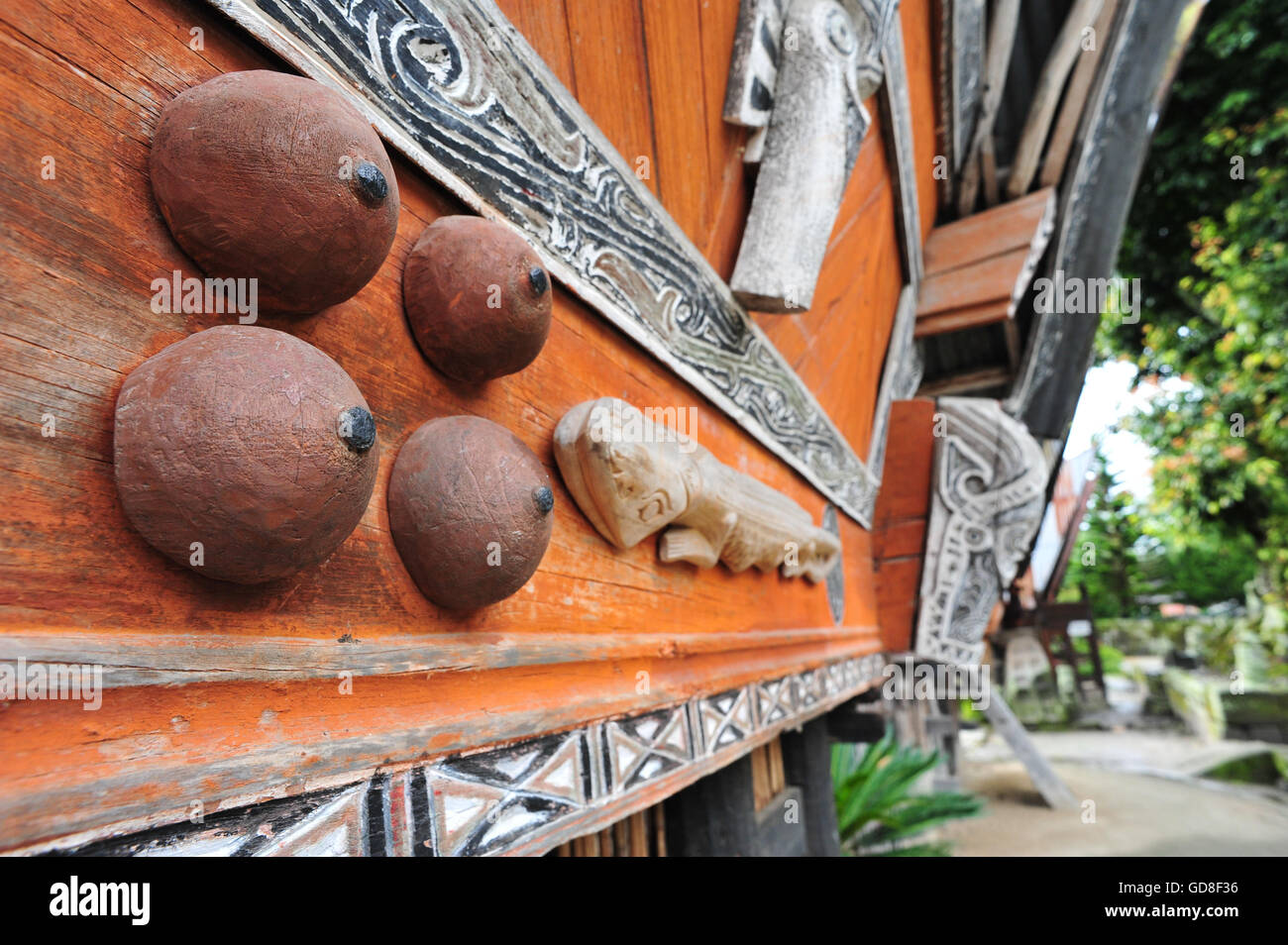 Ethnic Sumatran Batak house ornaments in Toba lake, sumatra, Indonesia Stock Photo