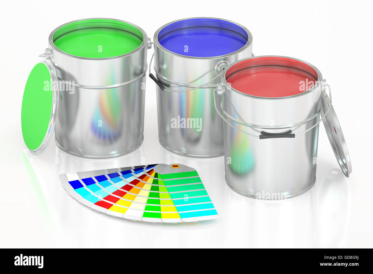 Paint cans and palette, 3D rendering isolated on white background Stock ...
