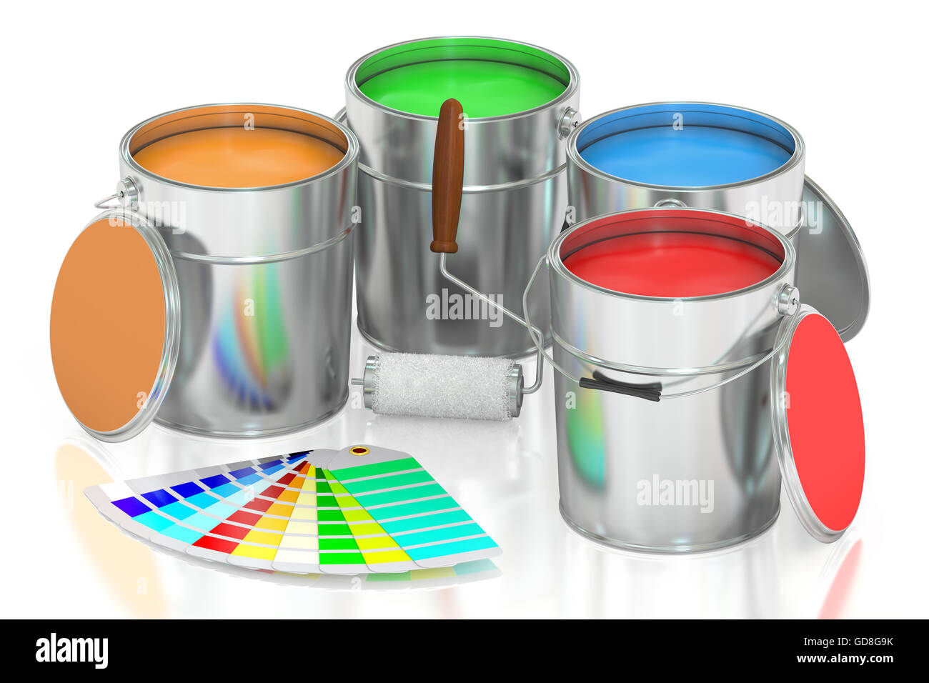 Paint cans, palette and roller brush. 3D rendering isolated on white background Stock Photo