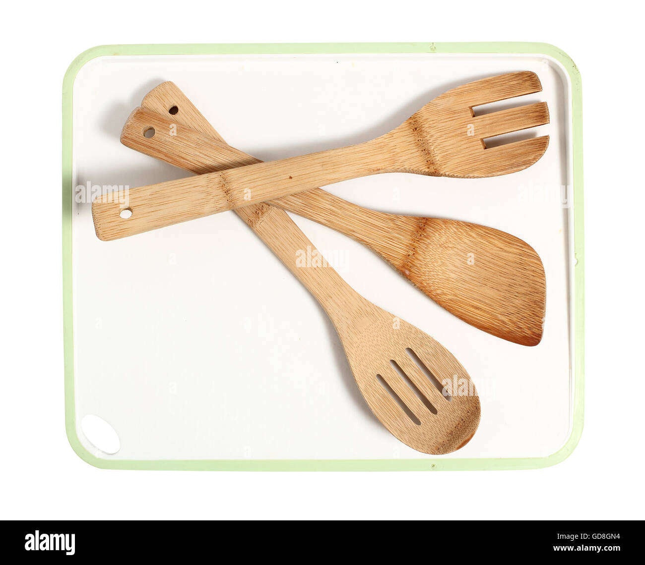 Plastic cutting board with spatula. Isolated with clipping path. Stock Photo