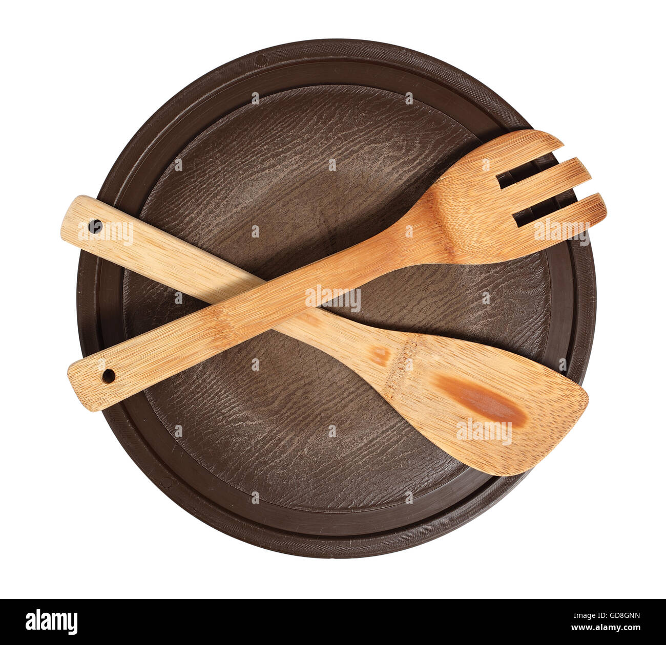 Plastic cutting board with spatula. Isolated with clipping path. Stock Photo