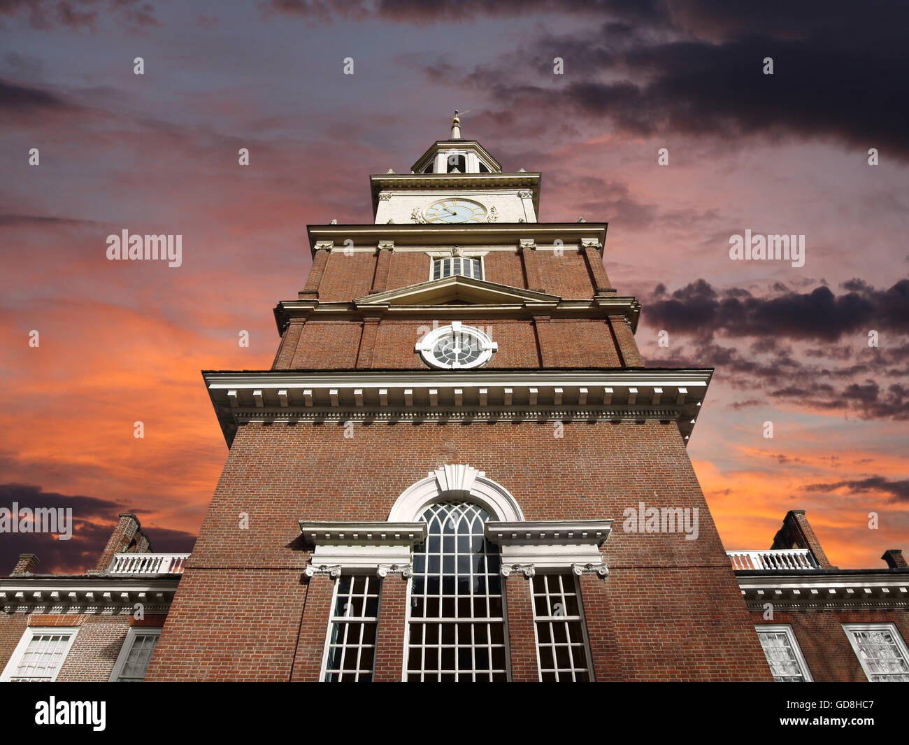 Independence Hall with sunrise sky in Philadelphia. Stock Photo