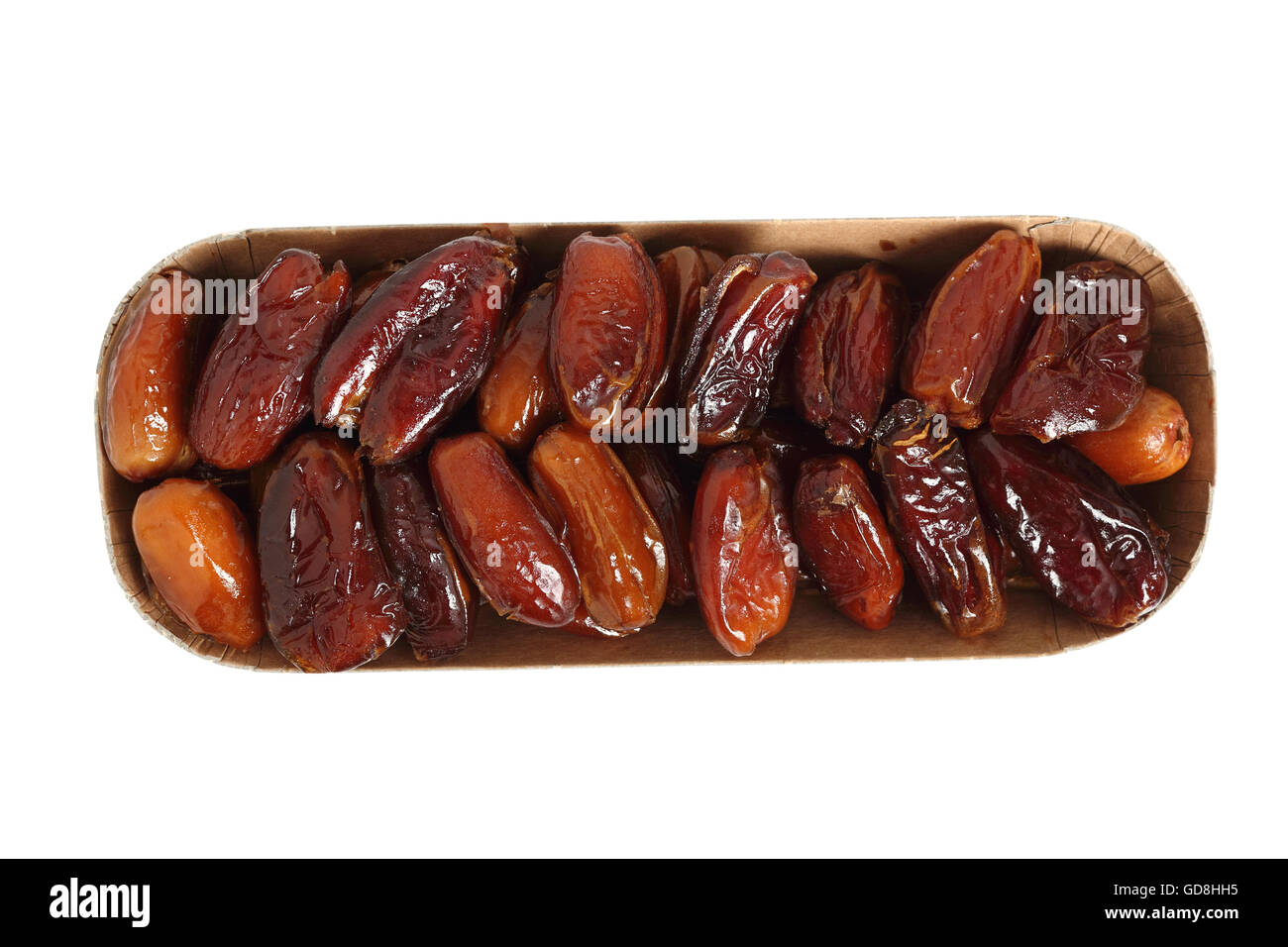 Dry dates in box. Isolated with clipping path. Directly Above Stock