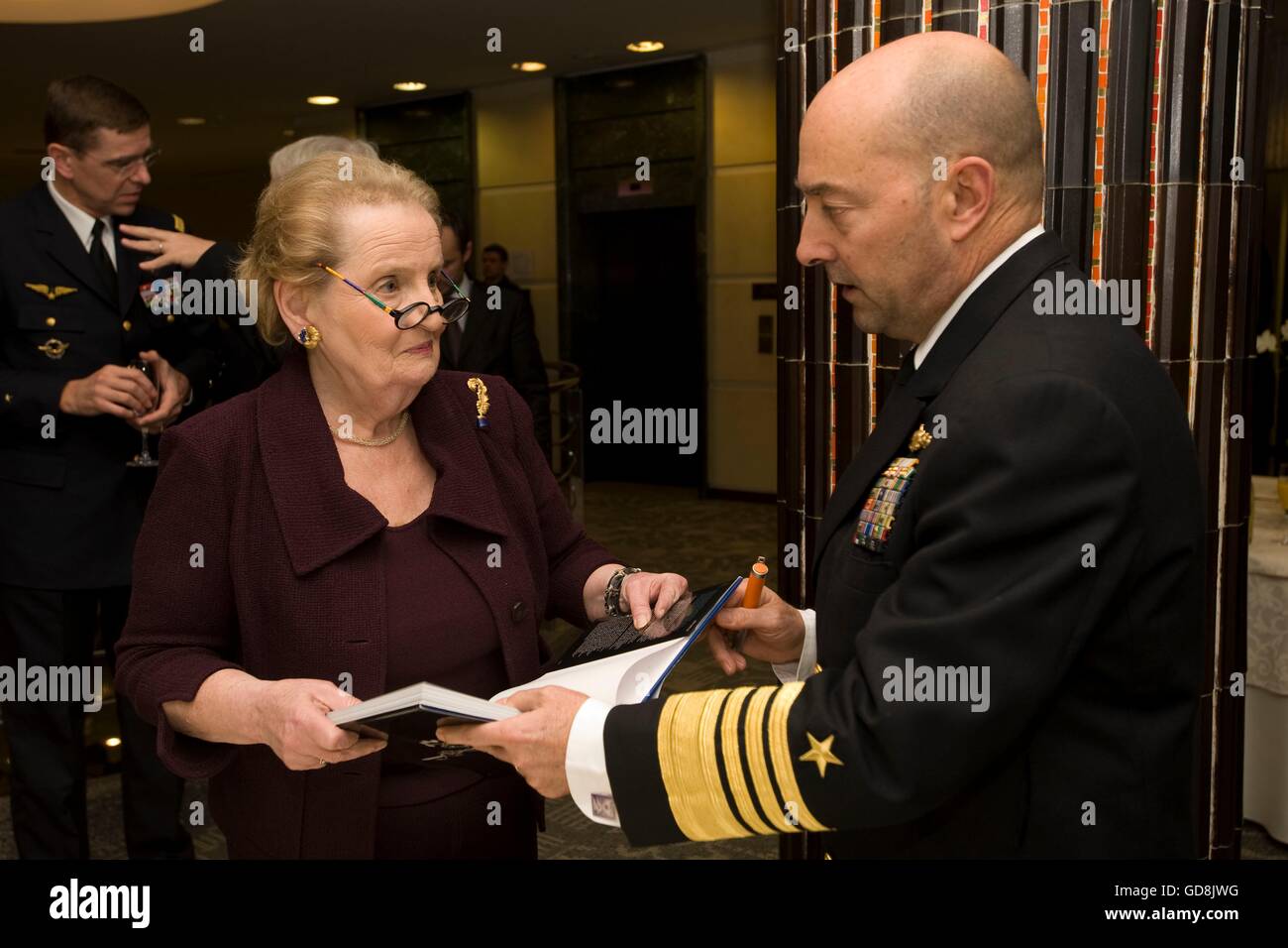 U.S Adm. James Stavridis, European Command and NATO Supreme Allied Commander, speaks with former Secretary of State Madeleine Albright during a visit to the Joint Forces Command Headquarters November 13, 2009 in Vrhinka, Slovenia. Stock Photo