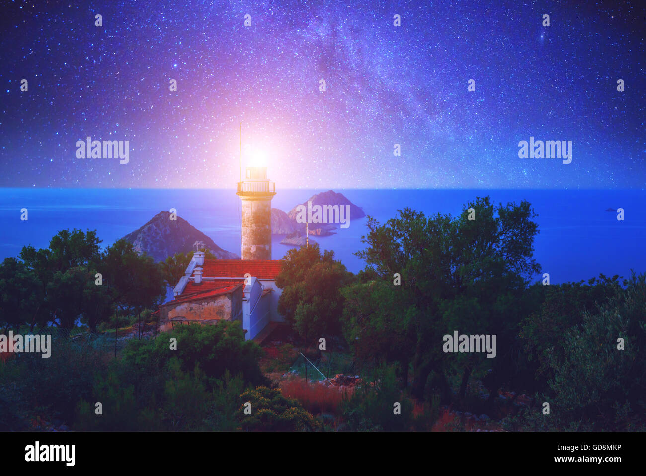 Lighthouse on Gelidonya cape in night time Stock Photo