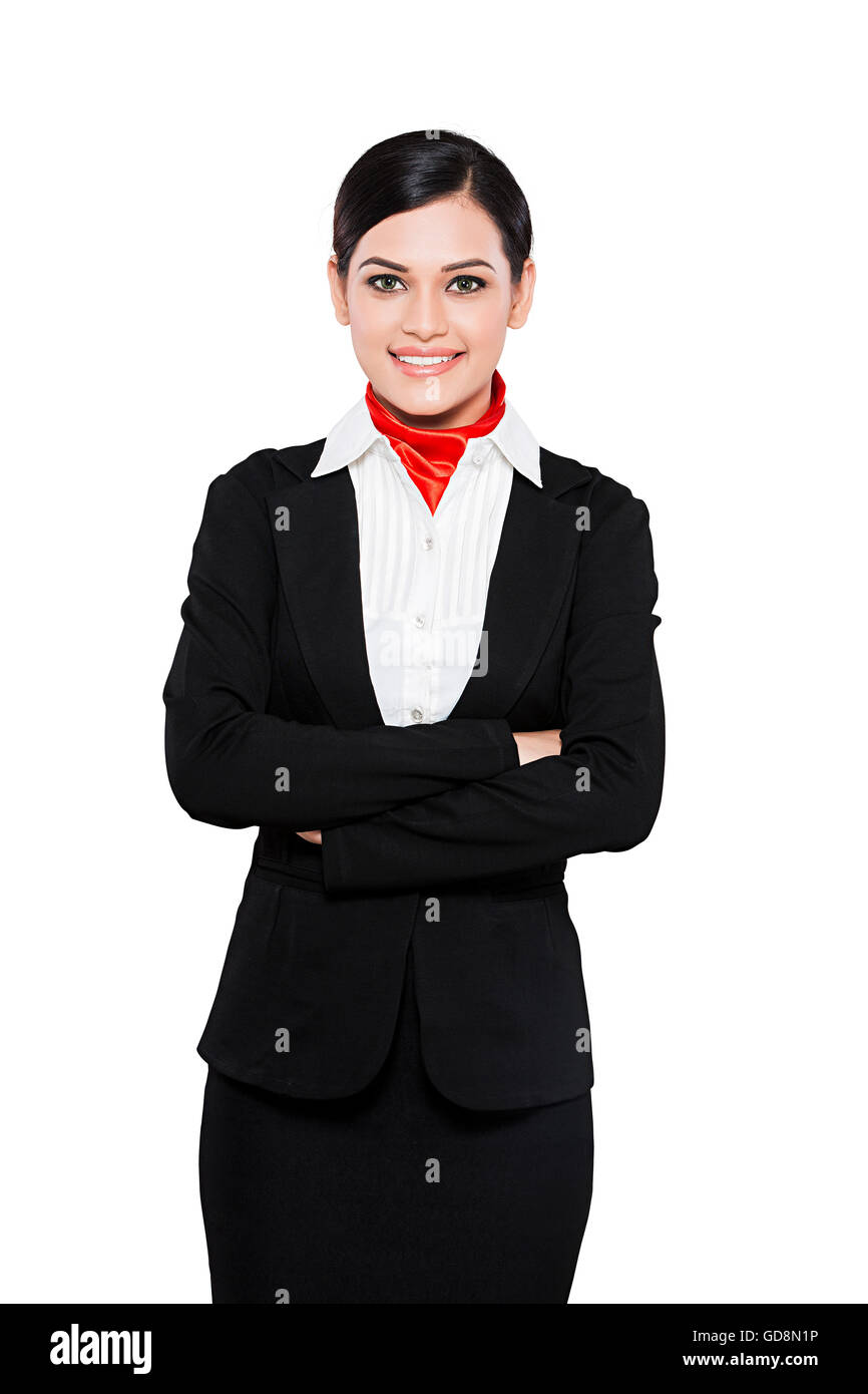 1 Indian Adult Woman Air Hostess Arms Crossed standing Posing Stock