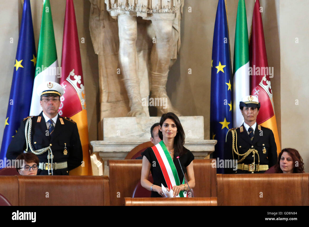 Virginia Raggi Rome 7th July 2016. Campidoglio, first session of the Capitoline Assembly with the new Mayor of Rome Photo Samant Stock Photo