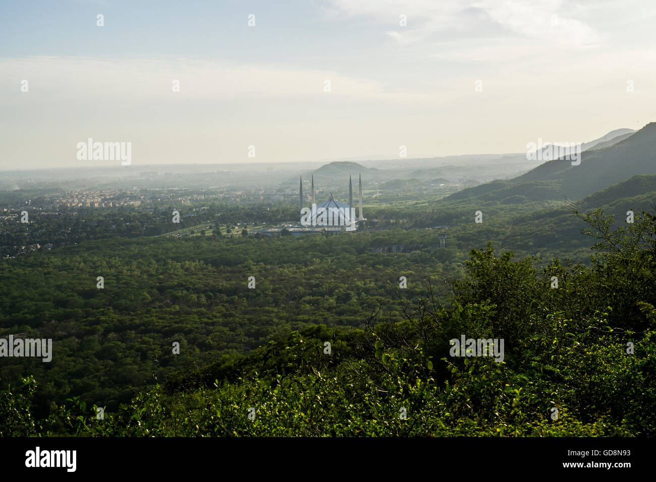 Landscape in Islamabad Pakistan with the Faisal Shah Mosque Stock Photo