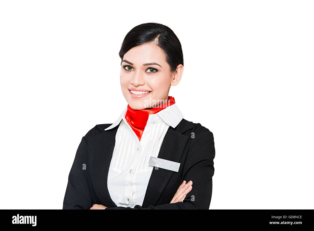 1 Indian Adult Woman Air Hostess Arms Crossed standing pose Stock Photo