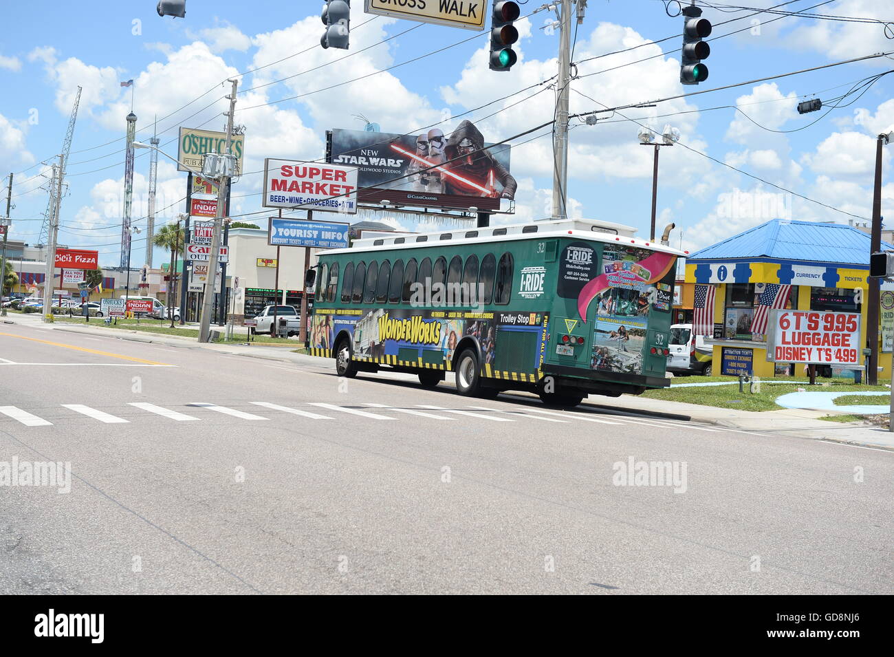 A Trolley Bus on International Drive in Orlando, Florida, USA Stock