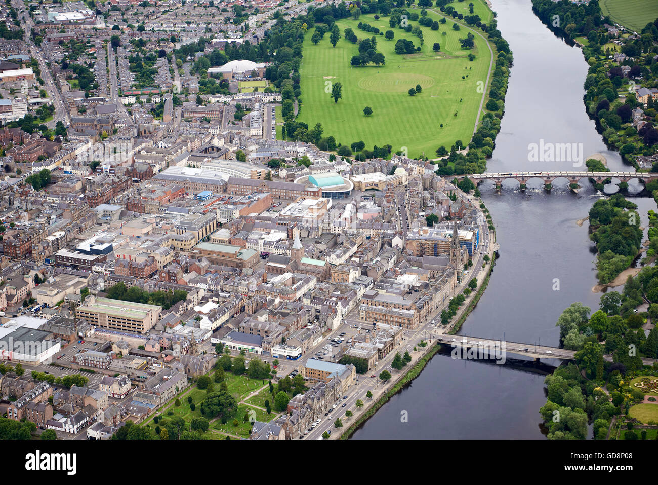 The river Tay and the City of Perth, Perthshire, Scotland, from the air Stock Photo