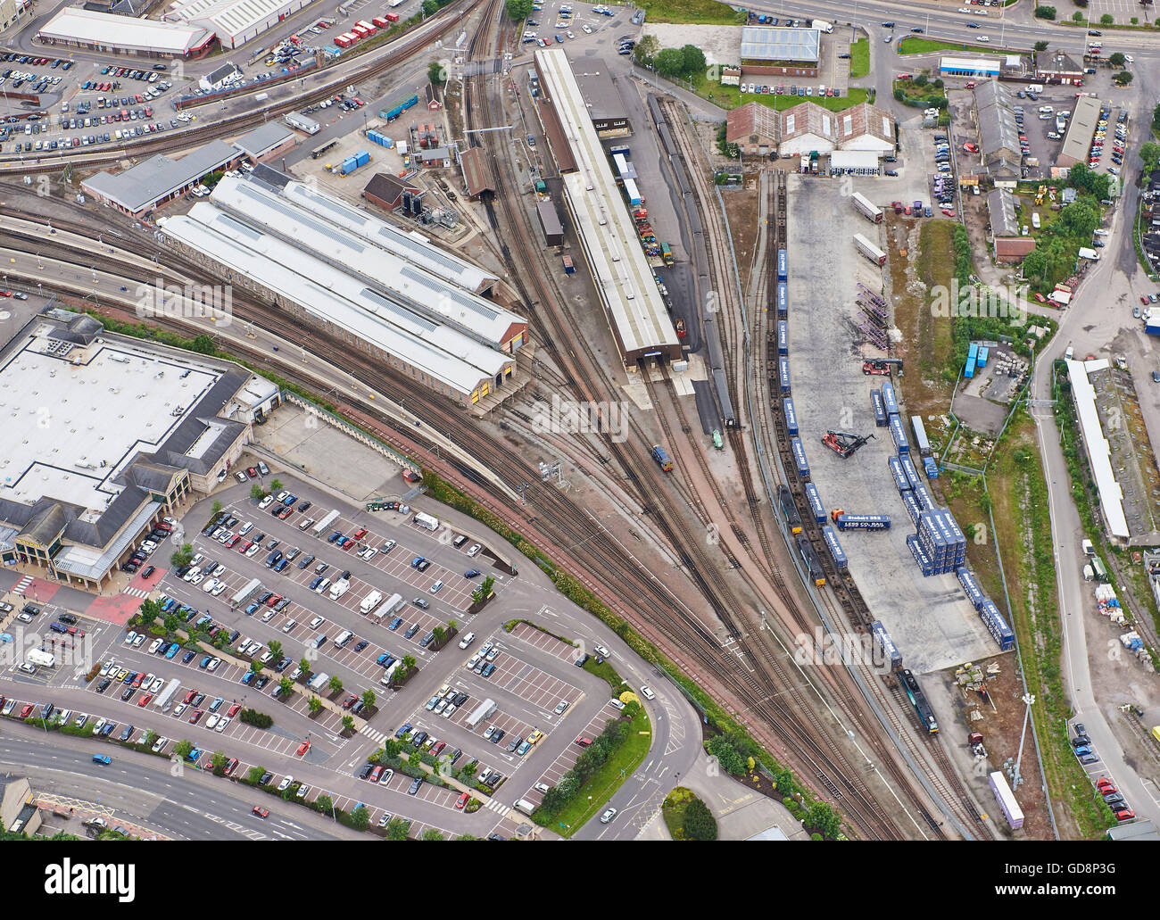 Inverness rail freight terminal, and station from the air, Highland Scotland Stock Photo
