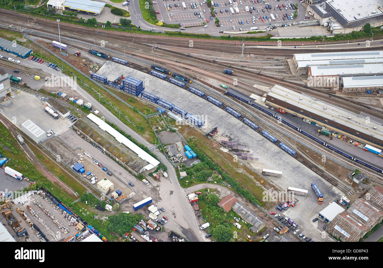 Inverness rail freight terminal, from the air, Highland Scotland Stock Photo
