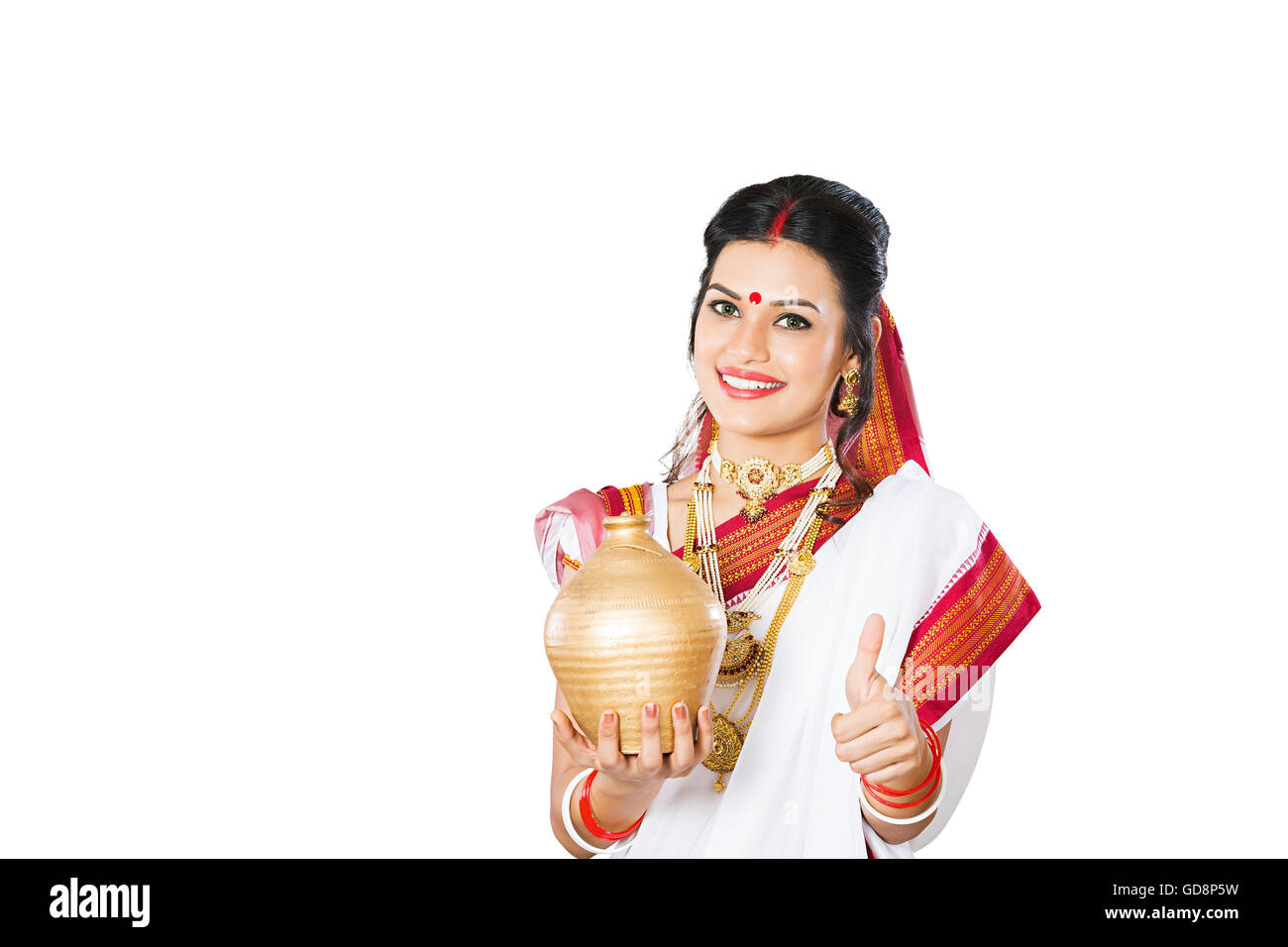 1 Indian Bengali Adult Woman holding Piggy Bank Thumbs Up Showing Stock ...