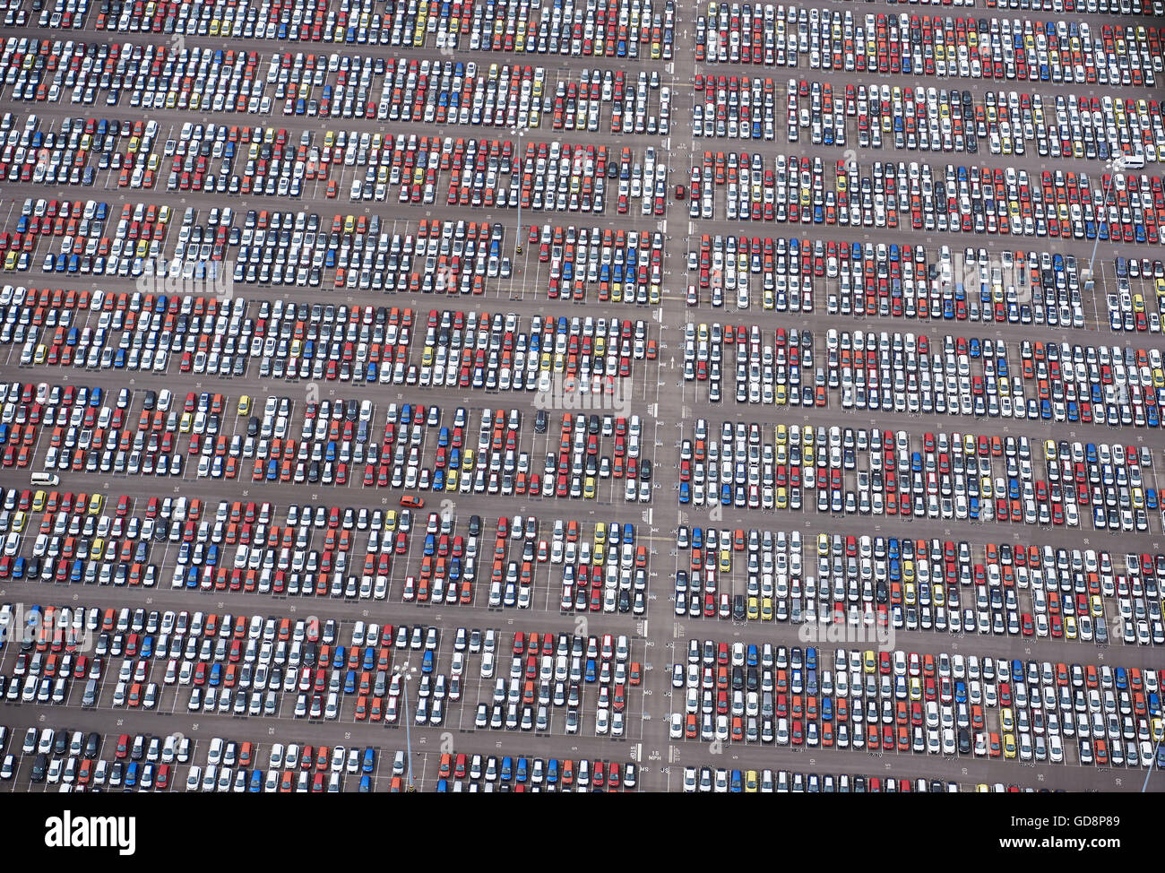 An aerial view of new cars at Avonmouth Docks, Bristol, South West England Stock Photo