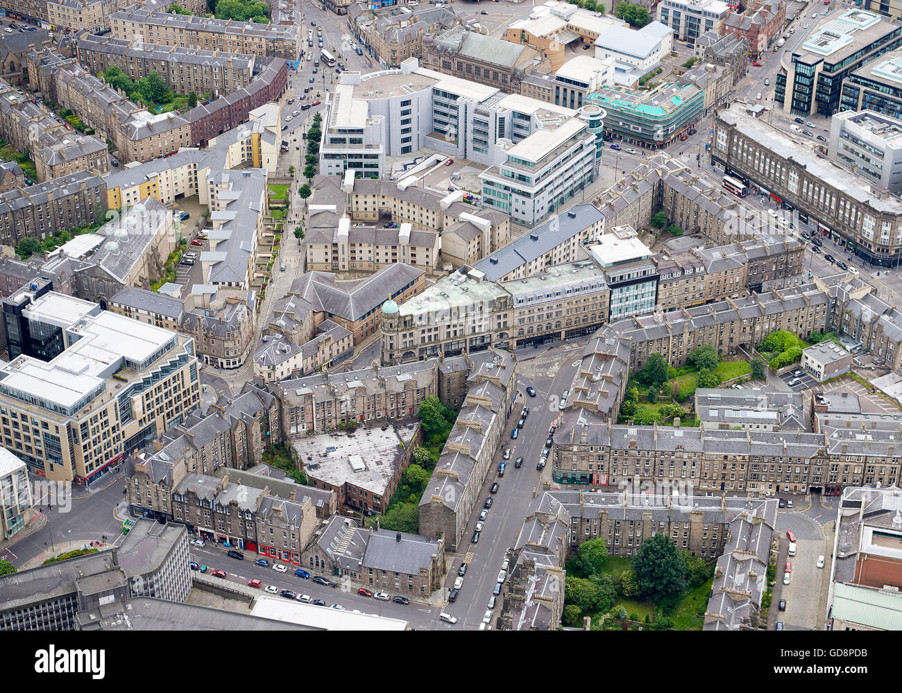 Edinburgh City Centre from the air, looking over the Old Town and financial district, Central Scotland, UK Stock Photo