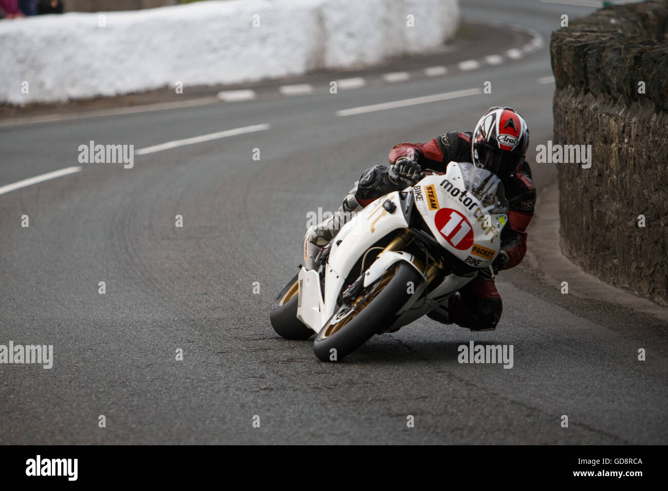 Castletown, Isle of Man, UK. 13th July, 2016. Mick Goodings rides through the Church Bends during the Corlett's Trophies 600/1000cc Race- July 13. 2016 - Southern 100 Road Races, Billown Circuit, Castletown Isle of Man. Credit: Samuel Bay/Alamy Live News Stock Photo
