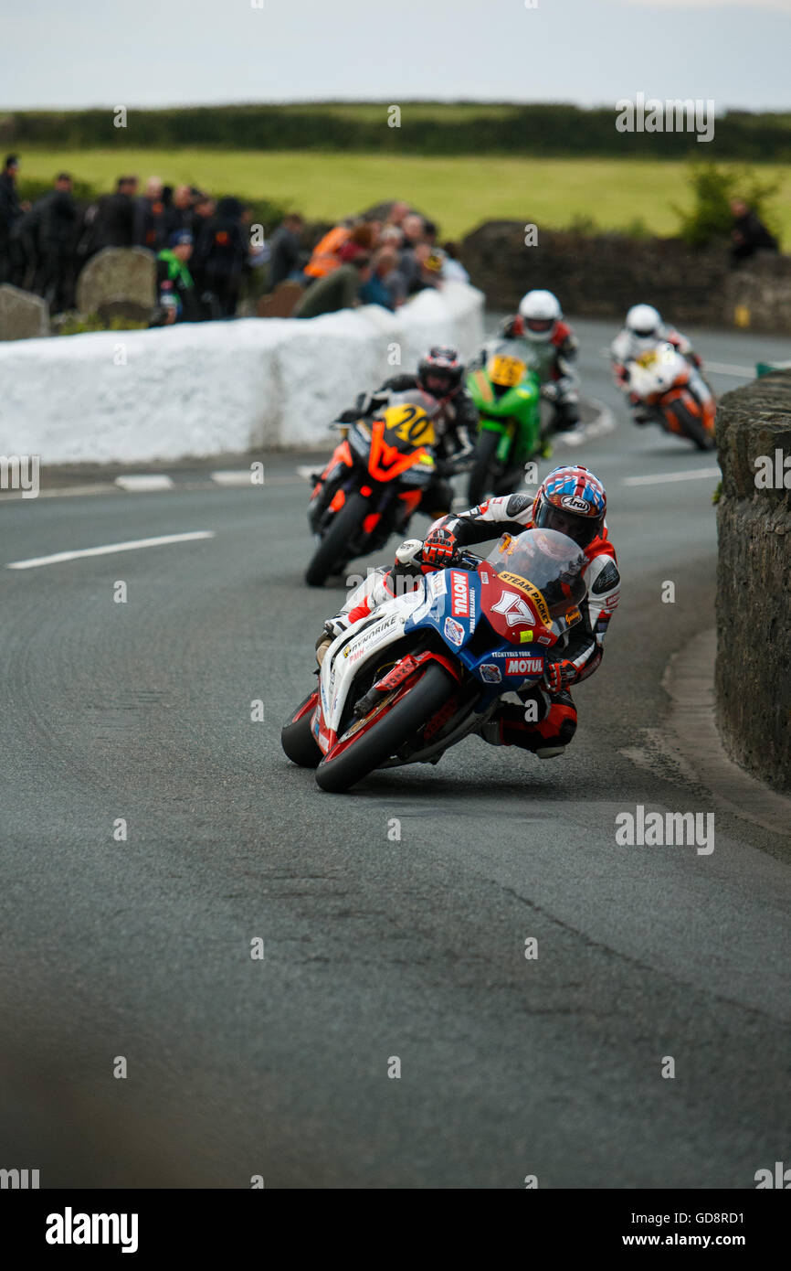 Castletown, Isle of Man, UK. 13th July, 2016. Mark Goodings rides through the Church Bends during the Corlett's Trophies 600/1000cc Race- July 13. 2016 - Southern 100 Road Races, Billown Circuit, Castletown Isle of Man. Credit: Samuel Bay/Alamy Live News Stock Photo
