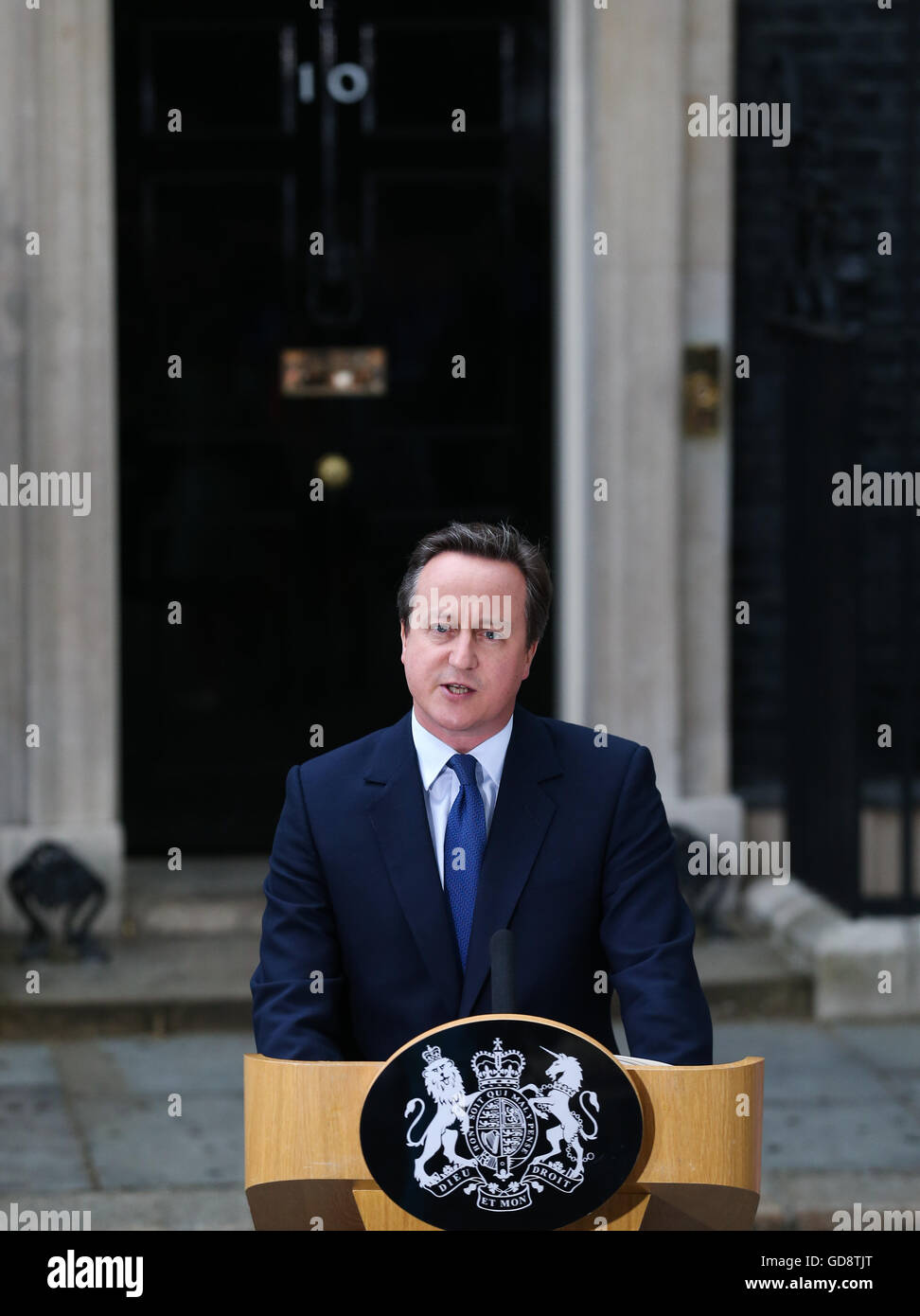 London, UK. 13th July, 2016. British outgoing Prime Minister David Cameron gives a speech before leaving 10 Downing Street in London, Britain on July 13, 2016. Cameron bid farewell to 10 Downing Street and headed to Buckingham Palace to offer his resignation to Queen Elizabeth II on Wednesday afternoon. Credit:  Han Yan/Xinhua/Alamy Live News Stock Photo