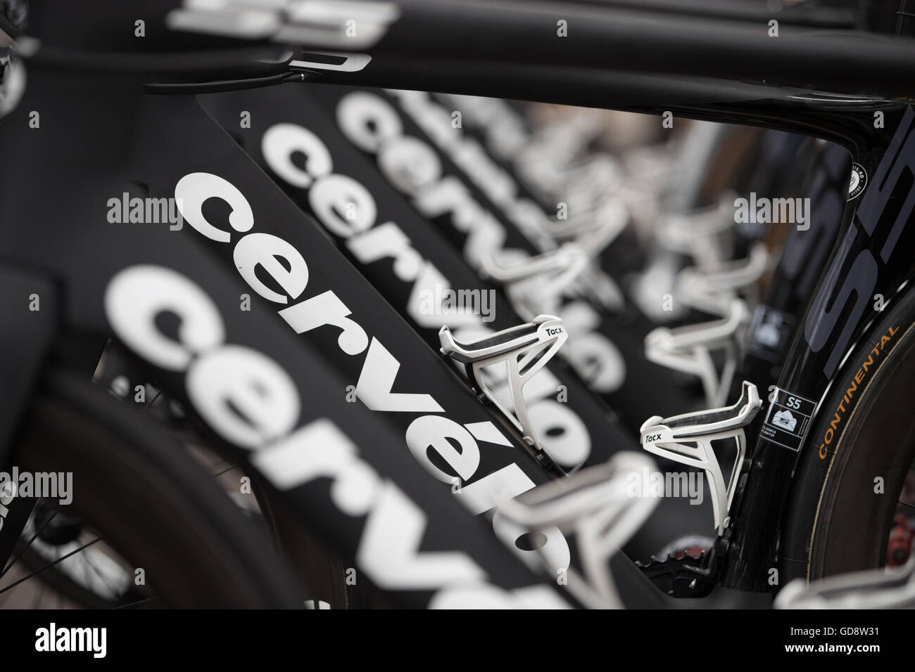 Carcassonne, France. 13th July, 2016. Team Dimension Data's bikes sit aligned and ready outside of the team bus. Credit:  John Kavouris/Alamy Live News Stock Photo