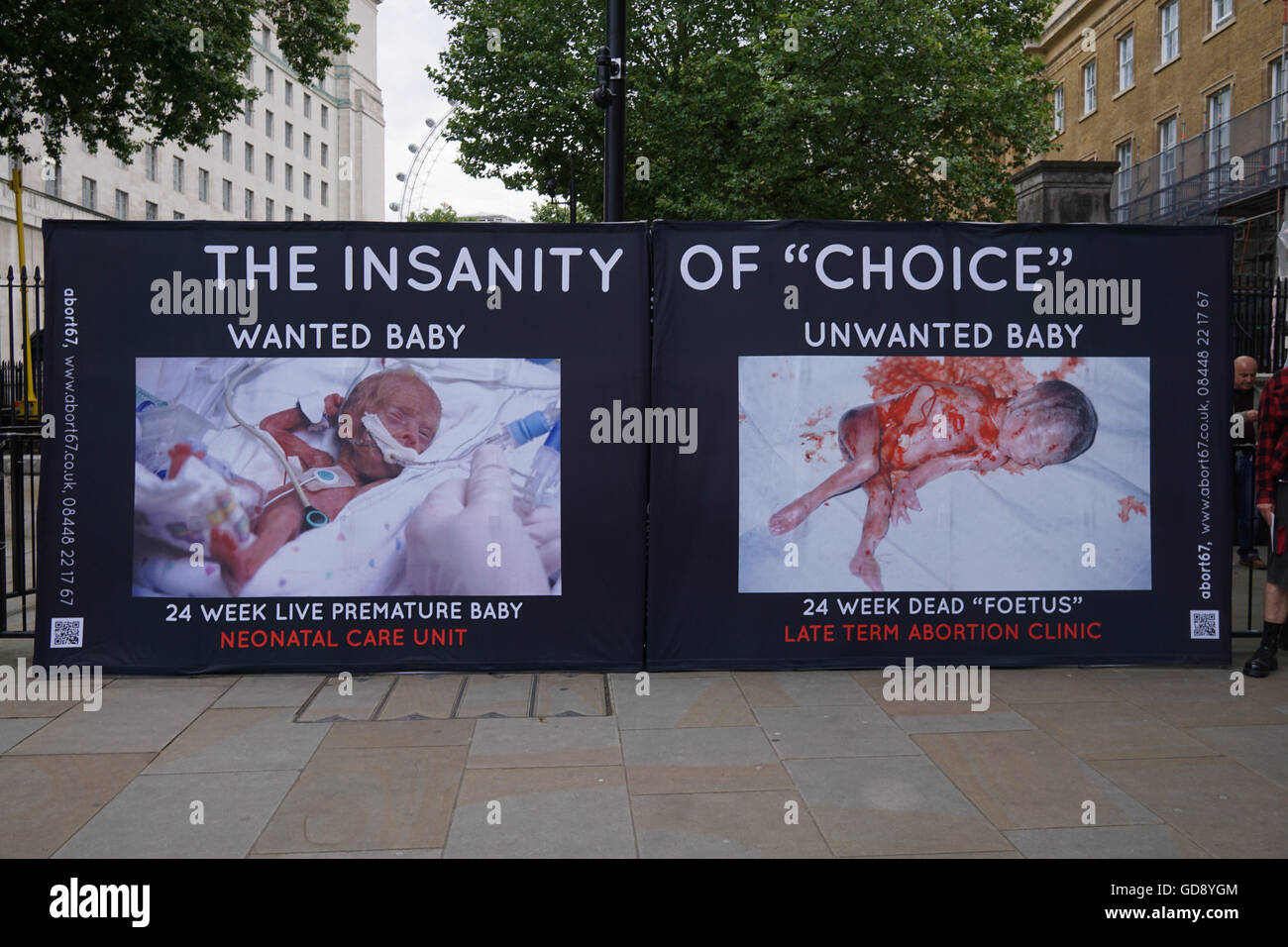London, UK. 13th July, 2016. abort67 holds a demonatration against abortion, The Insanity of 'Choice' and gives adwareness to people a foetus is a living human baby and has the right to lives outside downing street, London, UK. Credit:  See Li/Alamy Live News Stock Photo