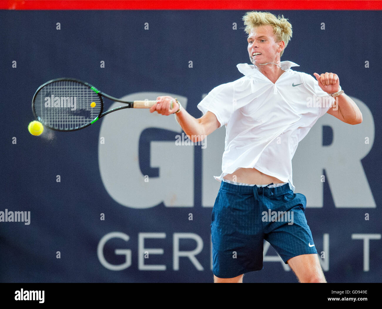 Hamburg, Germany. 14th July, 2016. Louis Wessels of Germany plays against  Klizan of Slovakia during a round of 16 match at the ATP Tour - German  Tennis Championships at the Am Rothenbaum