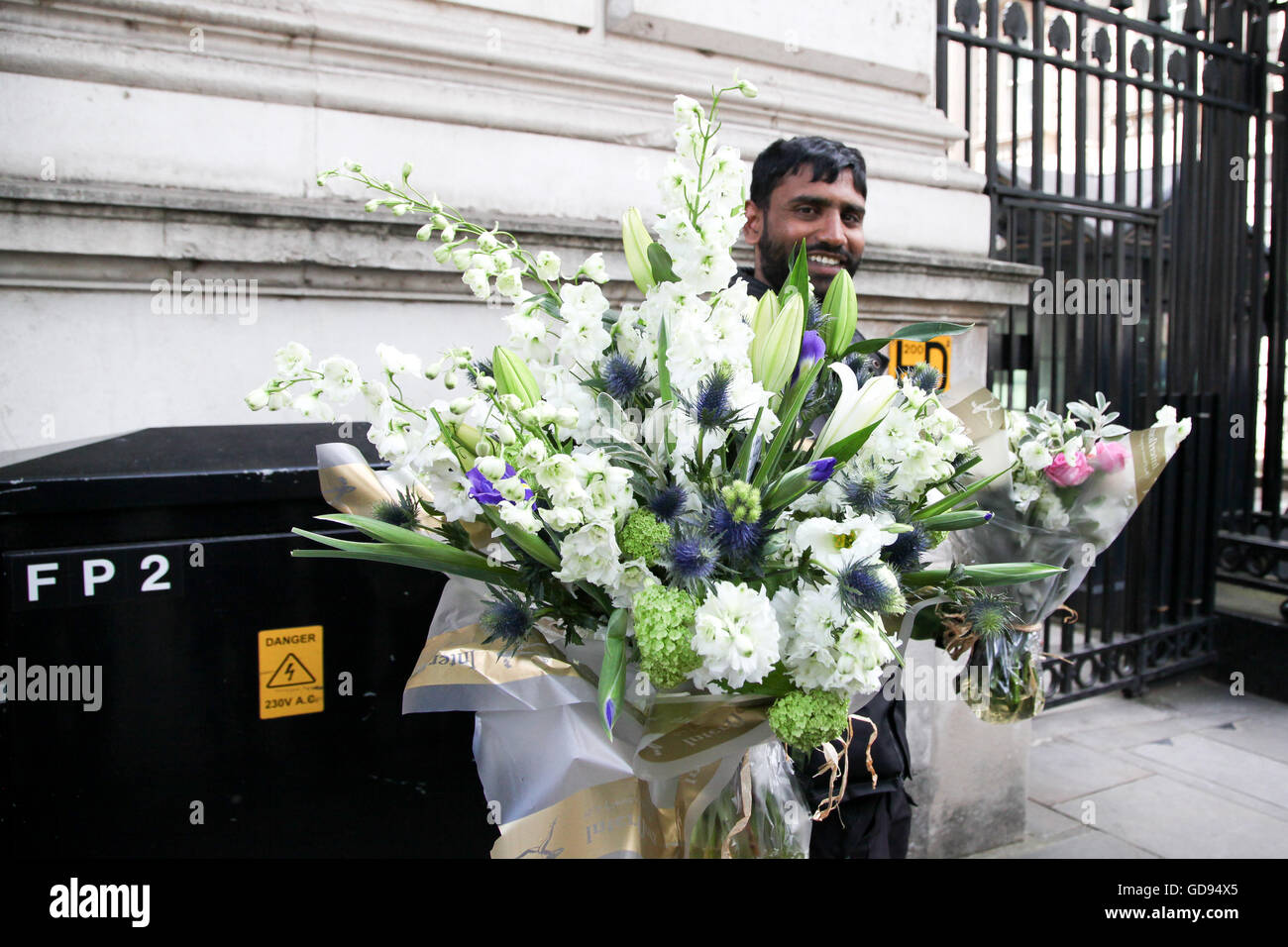 Downing Street, London 14 July 2016 Flowers been delivered for the Prime Minister. New Cabinet Ministers arrivals and leaves Downing Street Credit:  Dinendra Haria/Alamy Live News Stock Photo