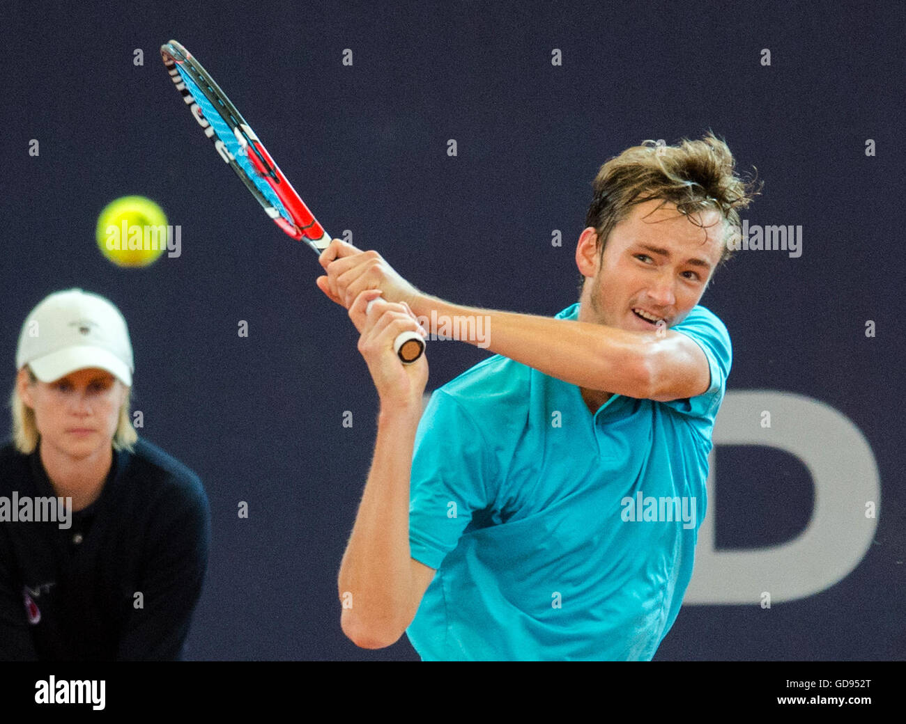 Hamburg, Germany. 14th July, 2016. Daniil Medvedev of Russia plays against Gimeno-Traver of Spain in a 2nd round match at the ATP Tour - German Tennis Championships at the Am Rothenbaum tennis court in Hamburg, Germany, 14 July 2016. Photo: DANIEL BOCKWOLDT/dpa/Alamy Live News Stock Photo