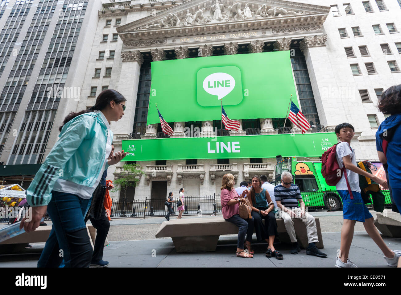 New York, USA. 14th July, 2016. The New York Stock Exchange is decorated for the Japanese messaging company Line's initial public offering on Thursday, July 14, 2016. Line Corp., a popular messaging app in Japan is owned by South Korean Naver Corp. Line has 218 million active users monthly, with Japan, Taiwan and Indonesia accounting for two-thirds of them.  Credit:  Richard Levine/Alamy Live News Stock Photo