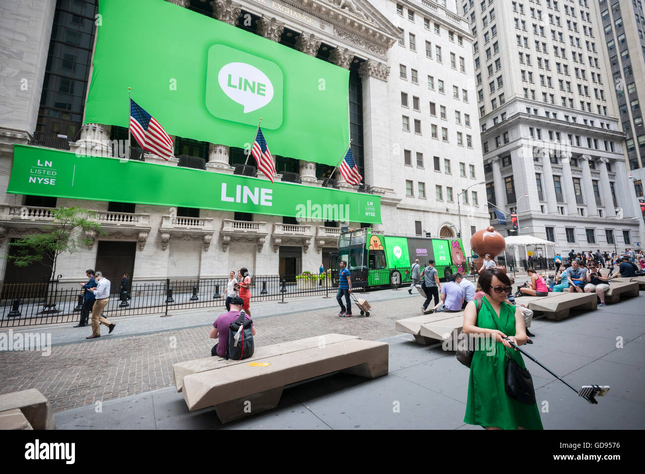 New York, USA. 14th July, 2016. The New York Stock Exchange is decorated for the Japanese messaging company Line's initial public offering on Thursday, July 14, 2016. Line Corp., a popular messaging app in Japan is owned by South Korean Naver Corp. Line has 218 million active users monthly, with Japan, Taiwan and Indonesia accounting for two-thirds of them.  Credit:  Richard Levine/Alamy Live News Stock Photo