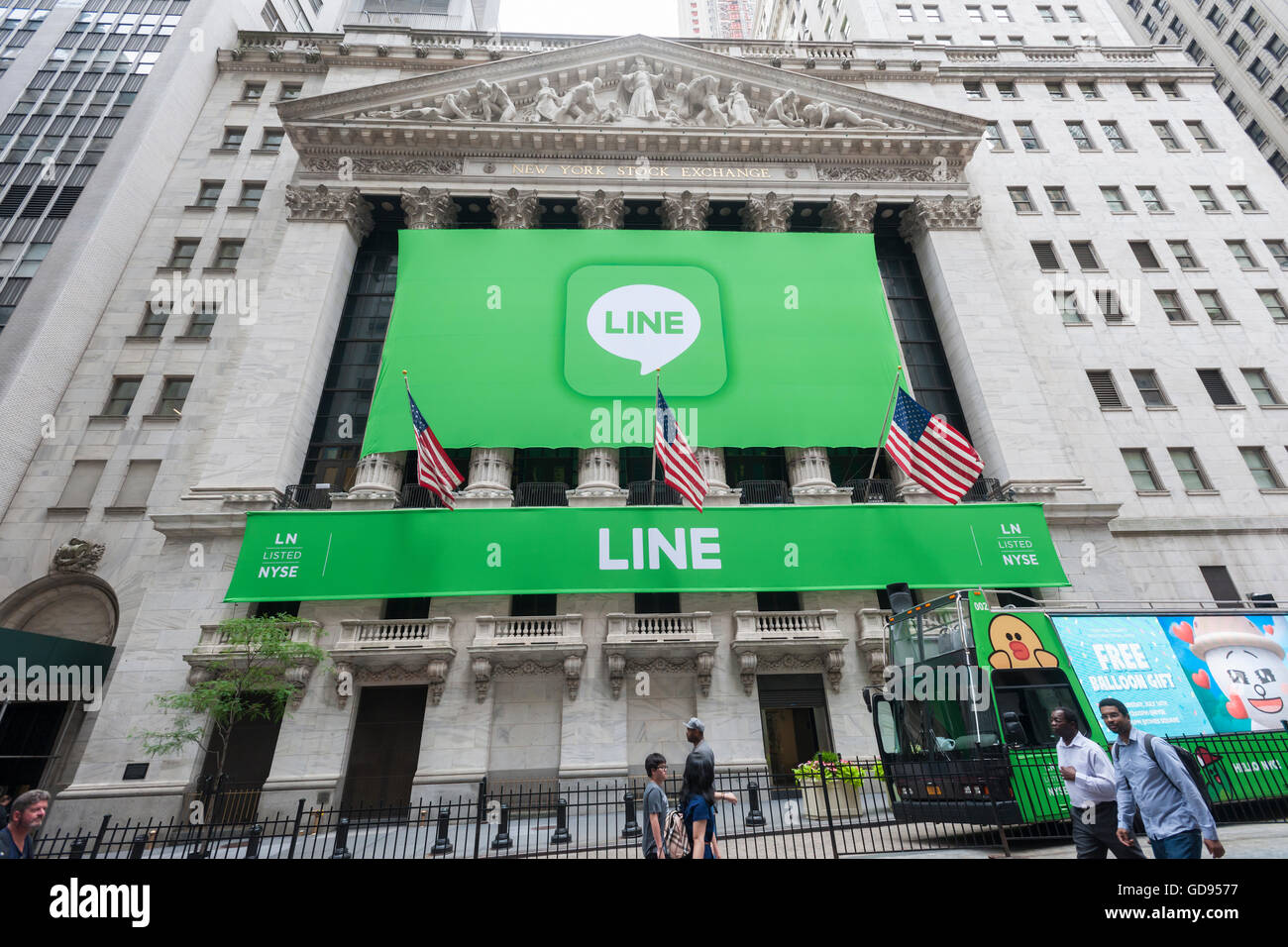 New York, USA. 14th July, 2016. The New York Stock Exchange is decorated for the Japanese messaging company Line's initial public offering on Thursday, July 14, 2016. Line Corp., a popular messaging app in Japan is owned by South Korean Naver Corp. Line has 218 million active users monthly, with Japan, Taiwan and Indonesia accounting for two-thirds of them.  Credit:  Richard Levine/Alamy Live News Stock Photo