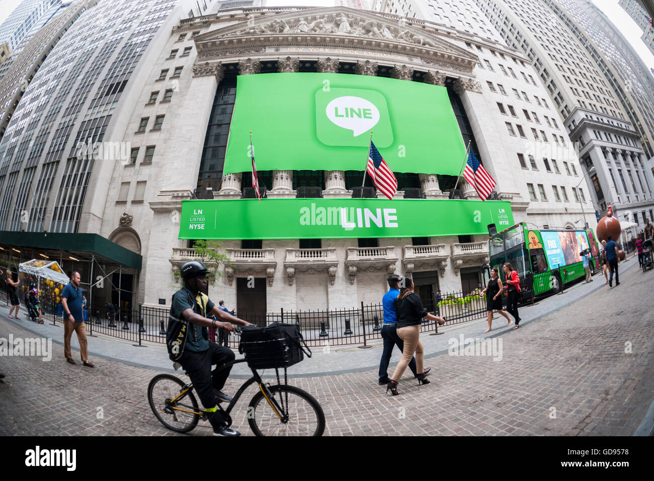 New York, USA. 14th July, 2016. The New York Stock Exchange is decorated for the Japanese messaging company Line's initial public offering on Thursday, July 14, 2016. Line Corp., a popular messaging app in Japan is owned by South Korean Naver Corp. Line has 218 million active users monthly, with Japan, Taiwan and Indonesia accounting for two-thirds of them.  Credit:  Richard Levine/Alamy Live News Stock Photo