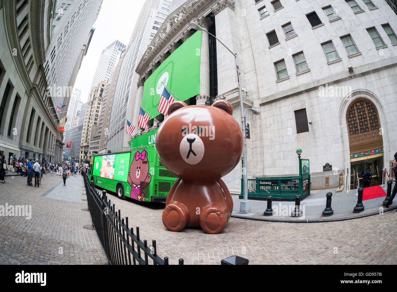 New York, USA. 14th July, 2016. The New York Stock Exchange is decorated for the Japanese messaging company Line's initial public offering on Thursday, July 14, 2016. Line Corp., a popular messaging app in Japan is owned by South Korean Naver Corp. Line has 218 million active users monthly, with Japan, Taiwan and Indonesia accounting for two-thirds of them.  Credit:  Richard Levine/Alamy Live News Stock Photo