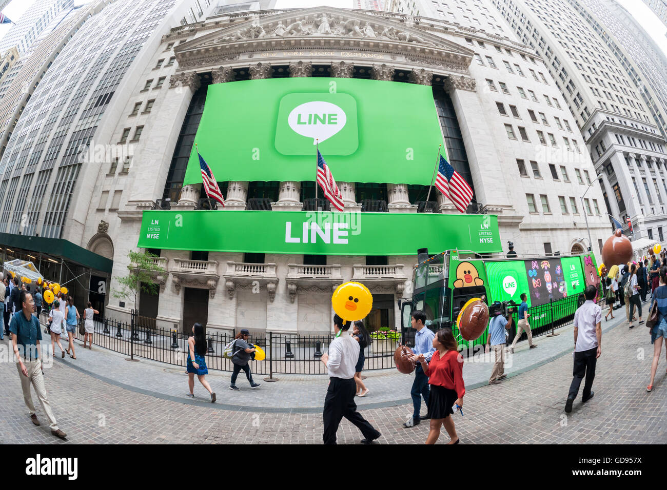 New York, USA. 14th July, 2016. The New York Stock Exchange is decorated for the Japanese messaging company Line's initial public offering on Thursday, July 14, 2016. Line Corp., a popular messaging app in Japan is owned by South Korean Naver Corp. Line has 218 million active users monthly, with Japan, Taiwan and Indonesia accounting for two-thirds of them.  Credit:  Richard Levine/Alamy Live News Stock Photo