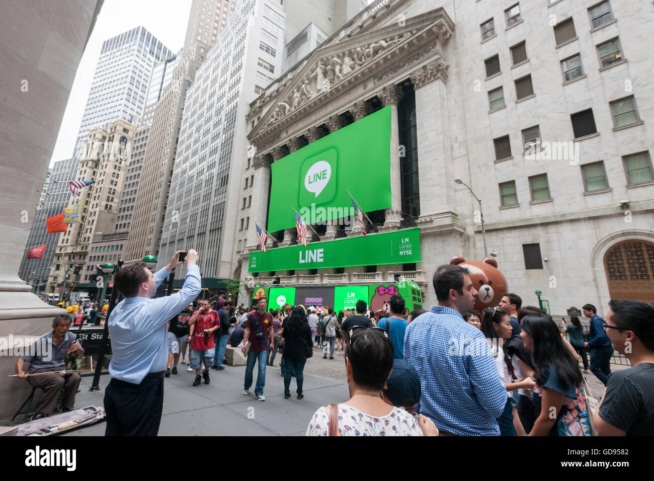 New York, USA. 14th July, 2016. The New York Stock Exchange is decorated for the Japanese messaging company Line's initial public offering on Thursday, July 14, 2016. Line Corp., a popular messaging app in Japan is owned by South Korean Naver Corp. Line has 218 million active users monthly, with Japan, Taiwan and Indonesia accounting for two-thirds of them.  Credit:  Richard Levine/Alamy Live News Stock Photo
