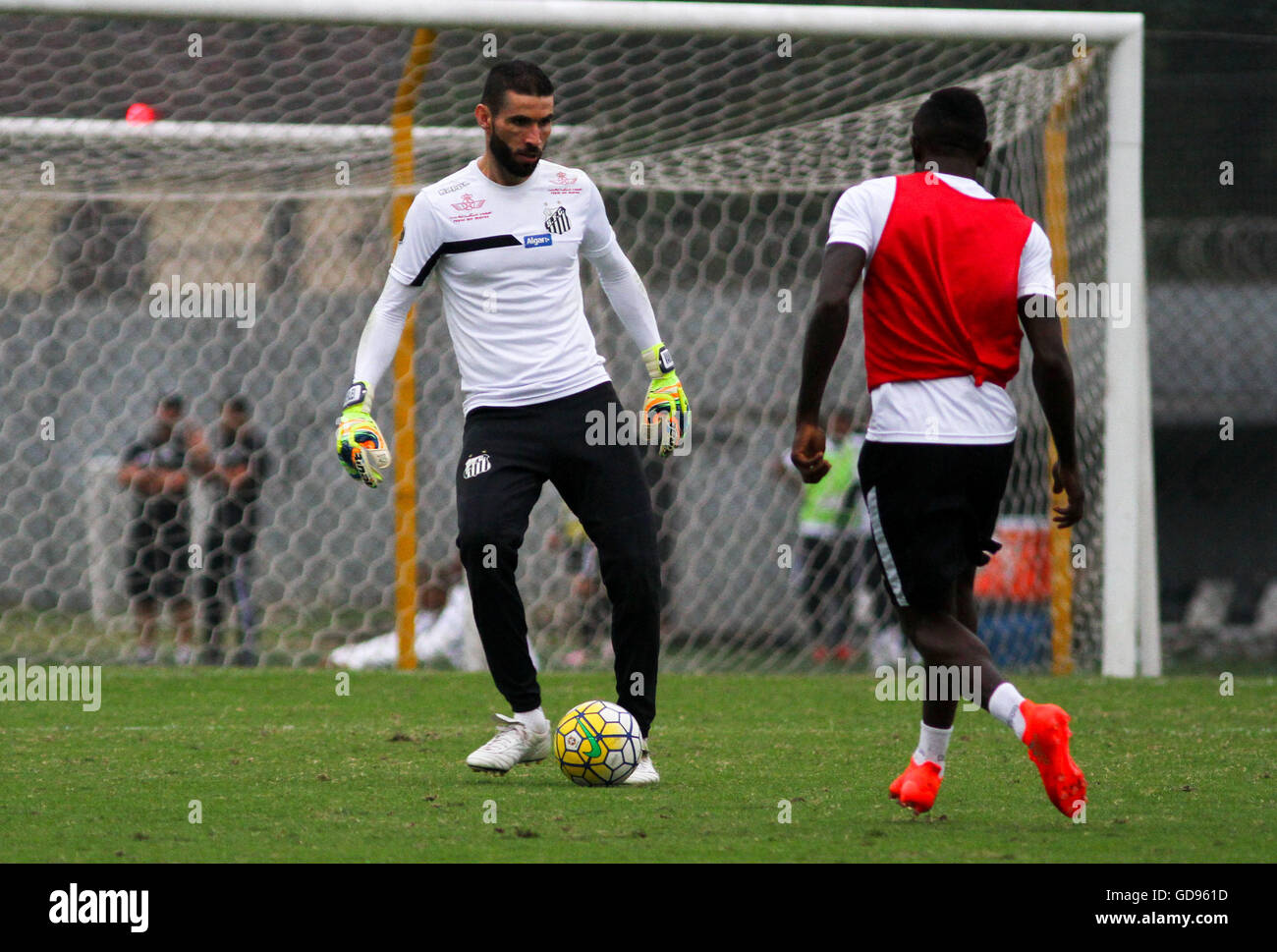 Goalkeeper Vanderlei and Joel training for FC Santos held on Thursday (14) in the CT Rei Pel? in the city of Santos. Team prepares for the clash next Saturday (16), against Ponte Preta at Vila Belmiro, in a game for the Brazilian Championship in 2016. Stock Photo