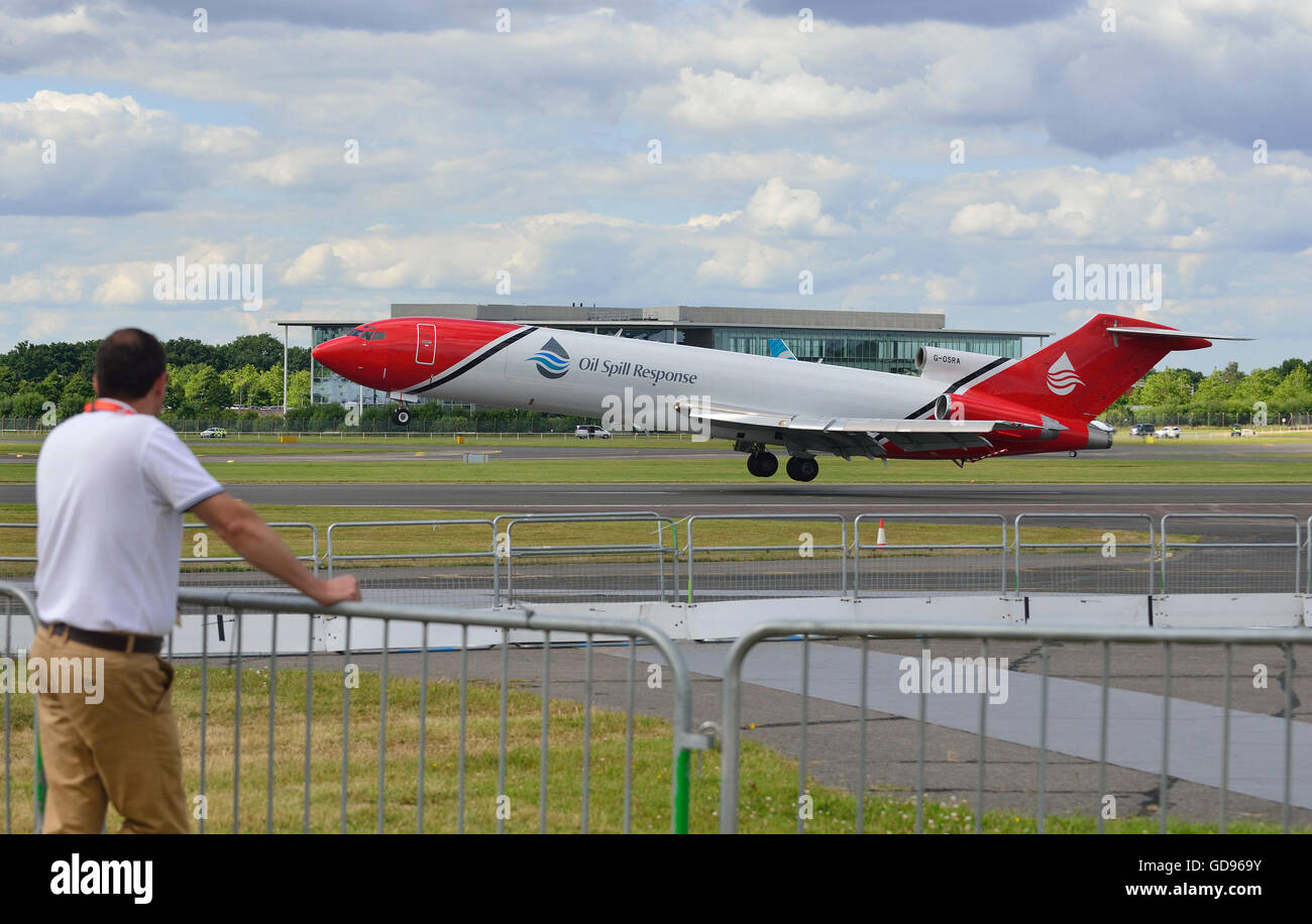 Farnborough, Hampshire, UK. 14th July, 2016. 4 th Day of the Farnborough International Trade Airshow.  Boeing 's 727 adapted for Oil Spill Response  with  its spray system fitted at the rear underneath.Oil Spill Response travels worldwide responding to industry oil spillage , Tomorrow ,Friday celebrates  the centenary of the Boeing company  in aviation, Credit:  Gary Blake /Alamy Live News Stock Photo