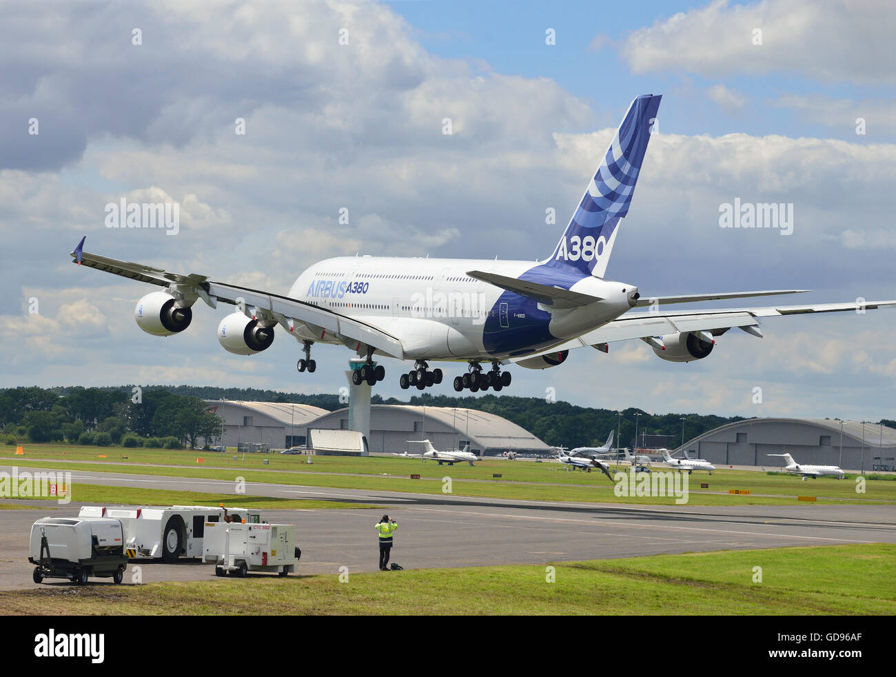 Farnborough, Hampshire, UK. 14th July, 2016. 4 th Day of the Farnborough International Trade Airshow.  The Airbus A380 takes to the skies in a  flying demonstration Stock Photo