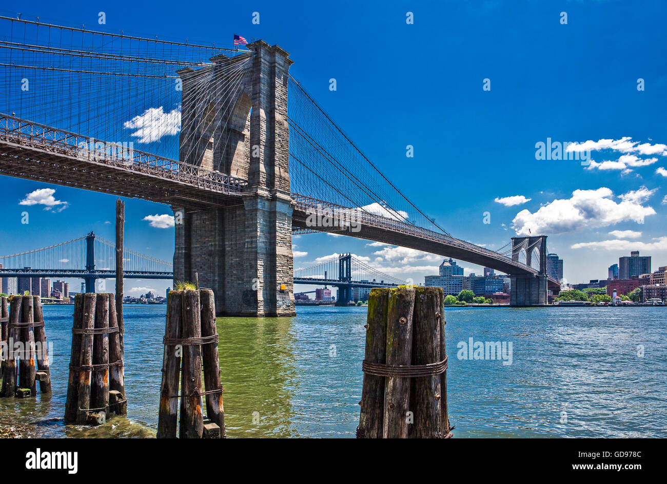 U.S.A., New York,Manhattan,the Brooklyn Bridge seen from the South Street Seaport area Stock Photo