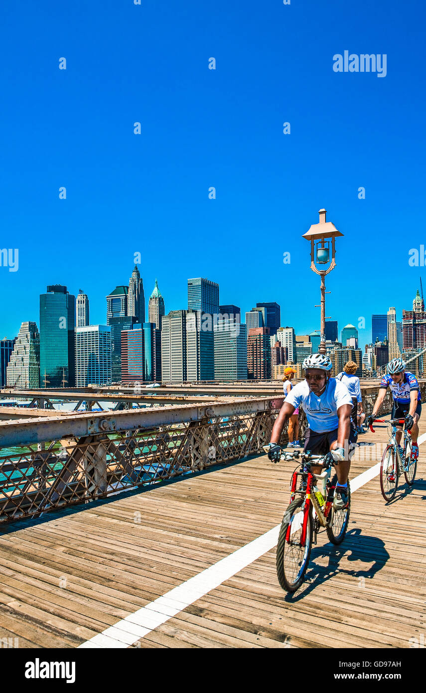 U.S.A., New York,Manhattan,people on the Brooklyn Bridge Stock Photo