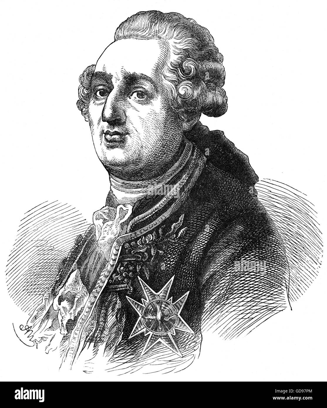 Louis XVI (1754 – 1793), born Louis-Auguste, also known as Louis Capet, was King of France from 1774 until his deposition in 1792, although his formal title after 1791 was King of the French. He was guillotined on 21 January 1793. Stock Photo