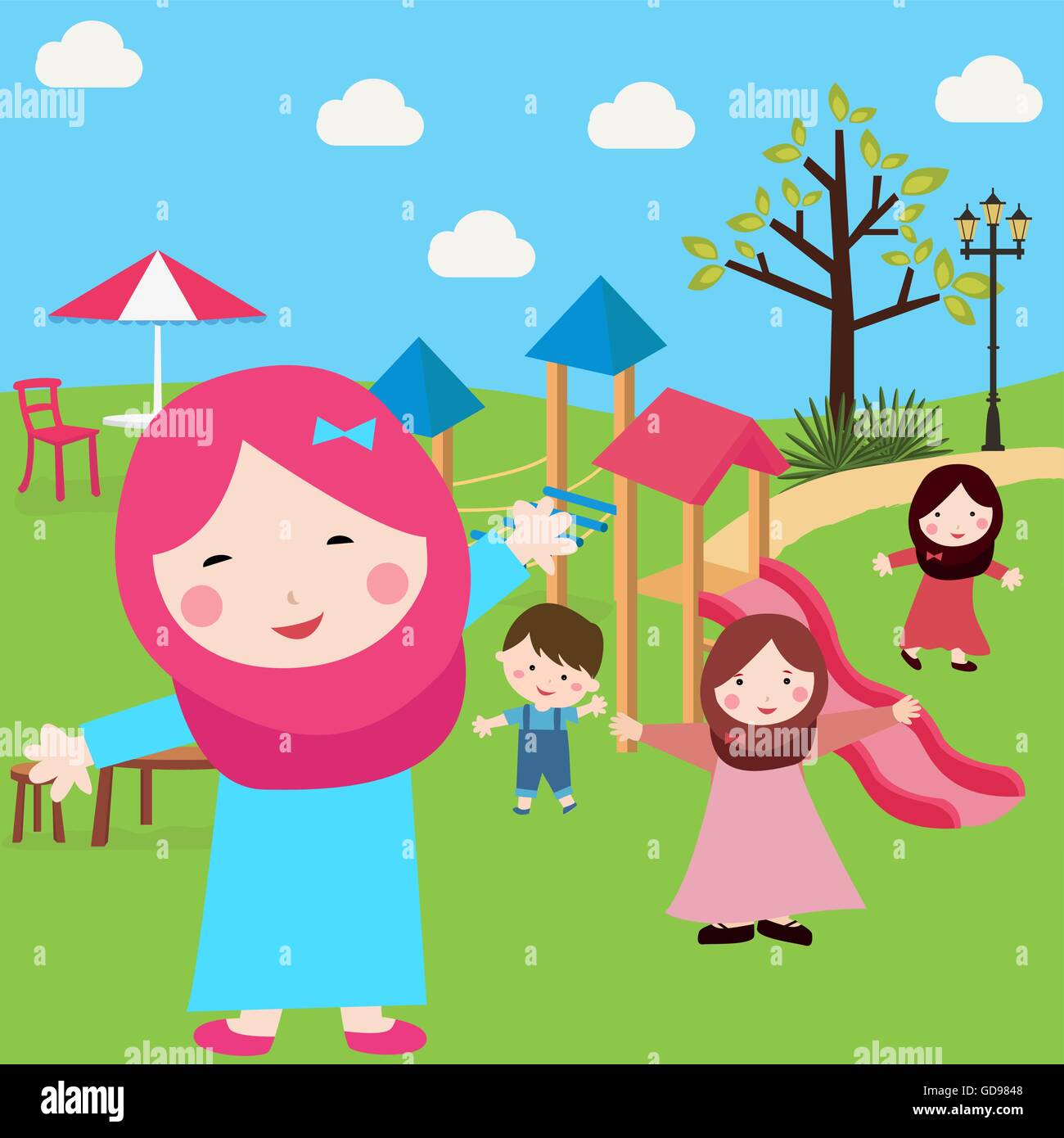 kids Islam girls and boys having fun in park wearing veil with sliding  tree Stock Vector