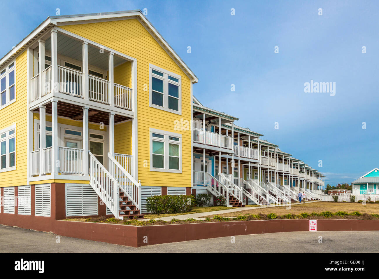 Row of colorful waterfront condominium homes on East Beach Boulevard in