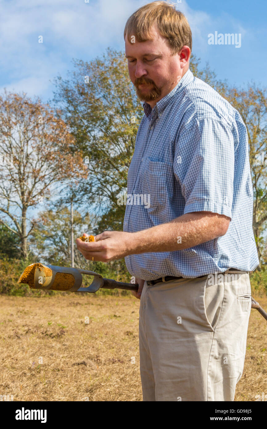 Man performing a perc test to determine if soil is appropriate for an underground septic system Stock Photo