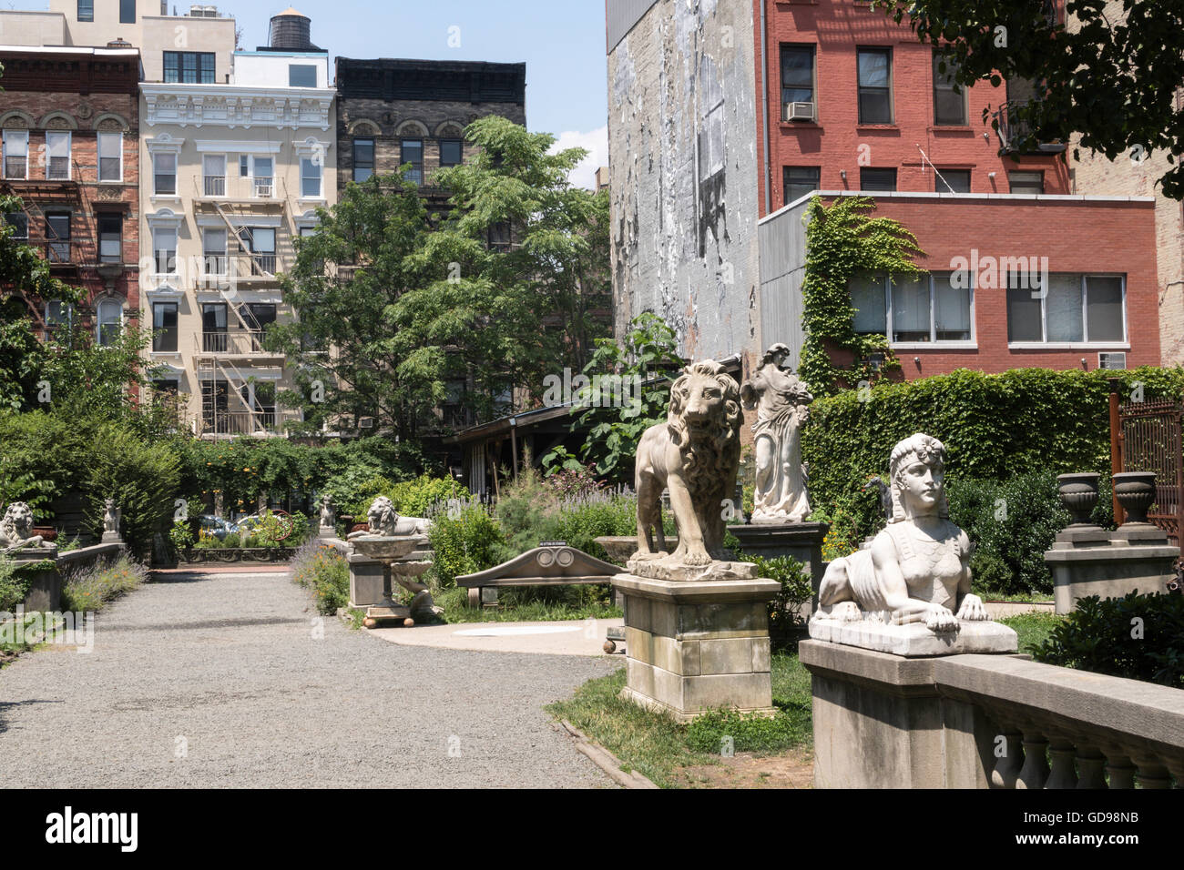 Decorative Statuary in Elizabeth Street Sculpture Garden, NYC Stock Photo