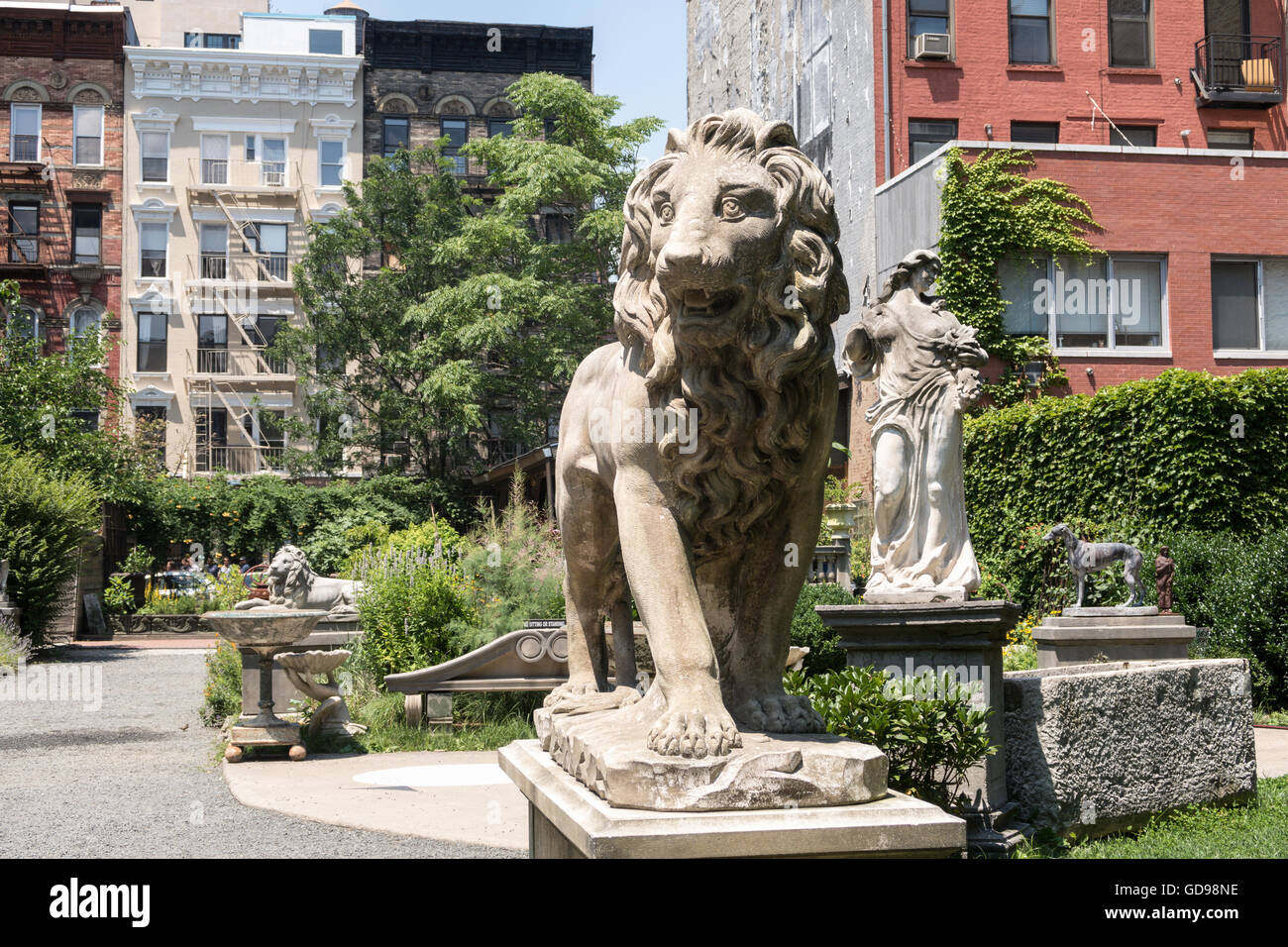 Decorative Statuary in Elizabeth Street Sculpture Garden, NYC Stock Photo