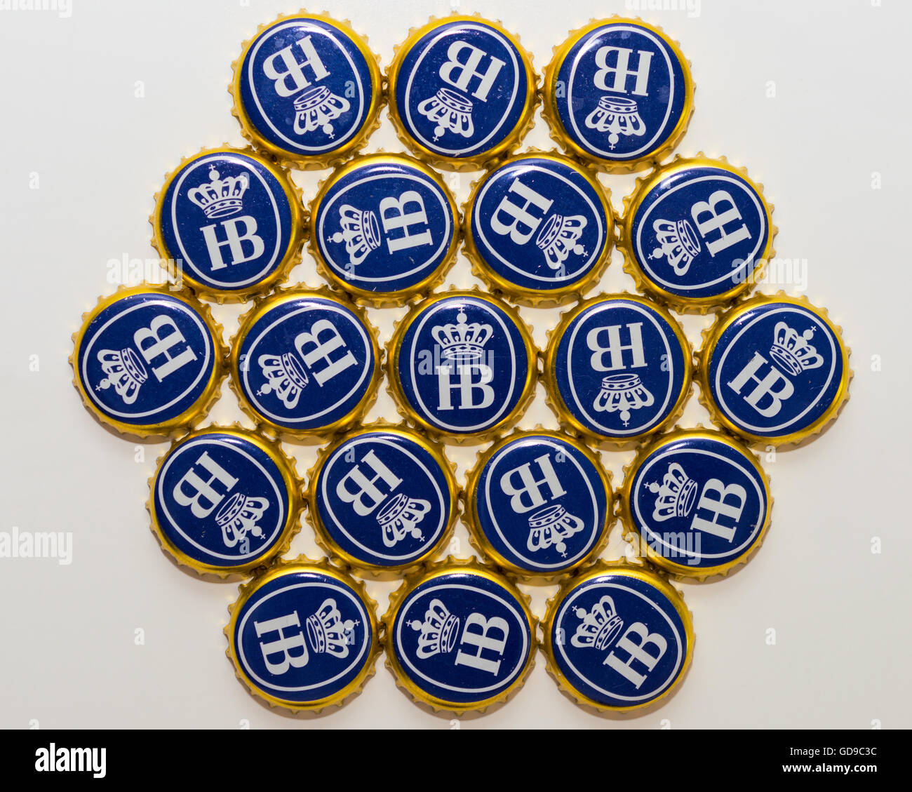 Many bottle caps of beer from Bavarian brewery Hofbrau Munich Stock Photo