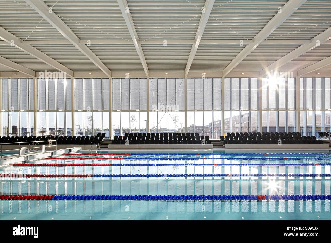 Indoor pool as part of the community sports centre. Hebburn Central, Hebburn, United Kingdom. Architect: Faulkner Browns, 2016. Stock Photo